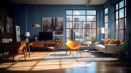 Interior of modern living room with blue walls, wooden floor, panoramic window with city view and armchair. 3d renderingの素材