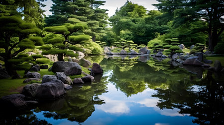 Japanese garden with pond and stone in japanese style garden.の素材