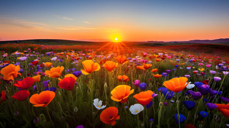 Beautiful poppies field at sunset. Colorful spring landscape.の素材