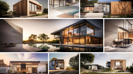 3d rendering of modern cozy house with pool and parking for sale or rent in luxurious style. Collage of four images.の素材