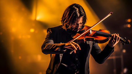 Symphony orchestra concert on theater stage. Musicians of State Symphony Orchestra, instruments of symphony orchestra on stage. Score, sheet music during concertの素材