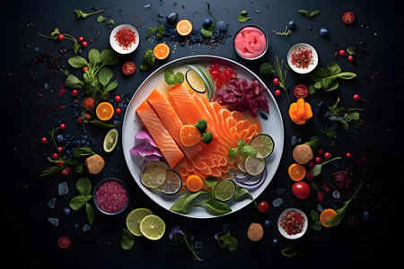 Healthy food. Fresh raw salmon fillet with vegetables and herbs on black backgroundの素材
