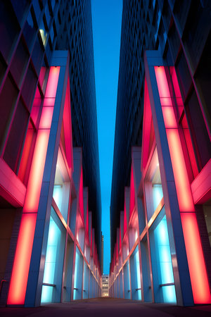 Night view of modern skyscrapers with neon lights. 3D renderingの素材