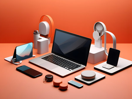 laptop, tablet, phone and headphones on orange background. 3d renderingの素材