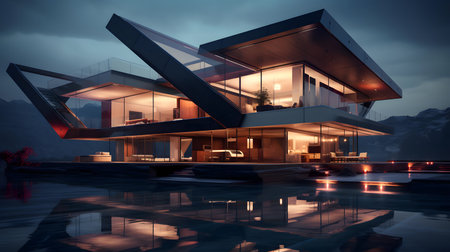 3d rendering of modern cozy house with pool and parking for sale or rent. Massive timber beams columns. Cool summer night with shiny reflective floor.の素材