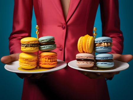 Macaroon cakes in the hands of a woman in a red dressの素材