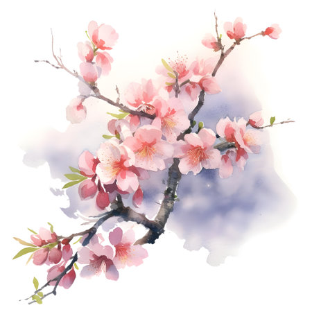 Watercolor cherry blossom branch on white background. Vector illustration.の素材