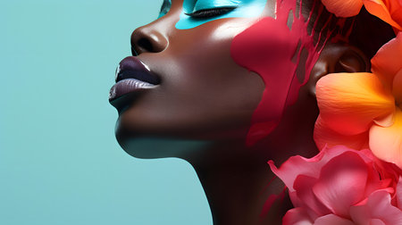 Close-up portrait of a beautiful African American woman with creative make-up and flowersの素材