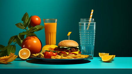 Healthy breakfast with hamburger, orange juice and fruits on blue backgroundの素材