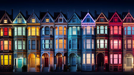 illustration of a row of houses at night in the city.の素材