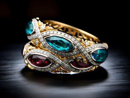 Jewelry ring with precious stones on a dark background. Selective focus.の素材