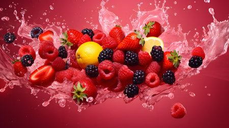 Fresh fruits falling into water with splash, isolated on red background.の素材