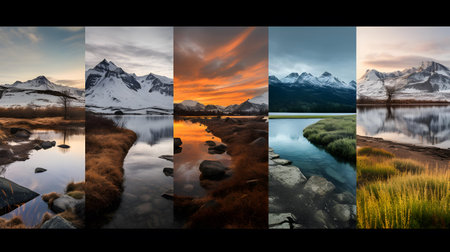 Collage of pictures of beautiful landscapes with mountains in the background.の素材