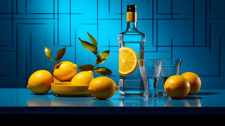 Still life with bottle of vodka, lemons and glasses on blue backgroundの素材
