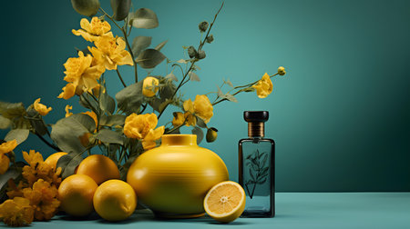 bottle of perfume with lemon and yellow flowers on a blue backgroundの素材