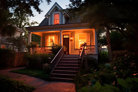 Luxury home in the evening with a porch and stairs in the foregroundの素材