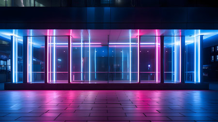 3d render of modern office building interior with glowing neon lights.の素材
