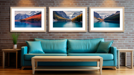 Interior of modern living room with blue sofa and picture frames on brick wallの素材