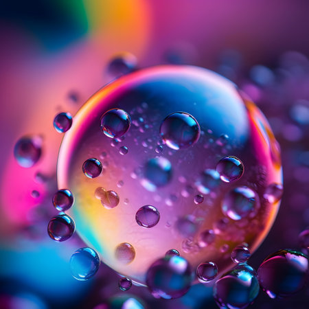 Macro shot of soap bubbles on colorful background. Abstract macro background.の素材