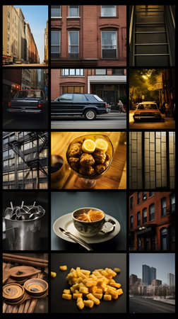 Collage of photos of coffee and snacks in New York City.の素材