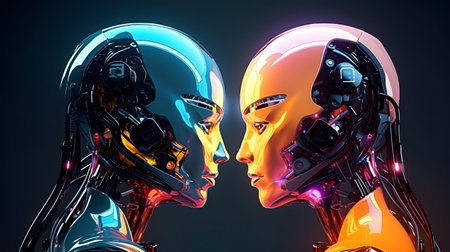 3d rendering of two cyborg heads with glowing heads in spaceの素材