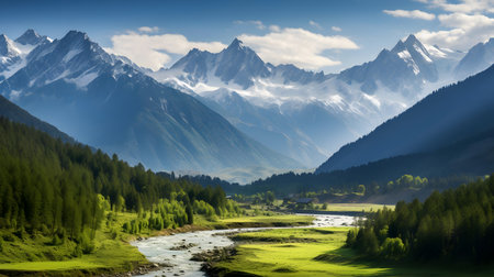 Mountain landscape with a river and high peaks in the background.の素材