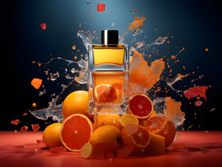 Bottle of perfume with splashes of orange juice on dark backgroundの素材