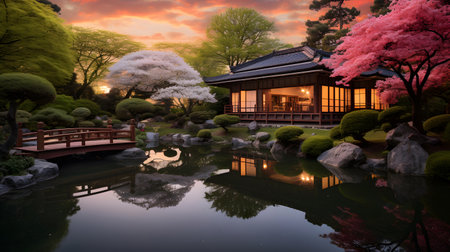Japanese garden with cherry blossoms at sunset in Tokyo, Japan.の素材