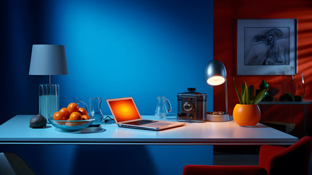 3D illustration of a modern office interior. Workplace with a laptop and a lamp.の素材