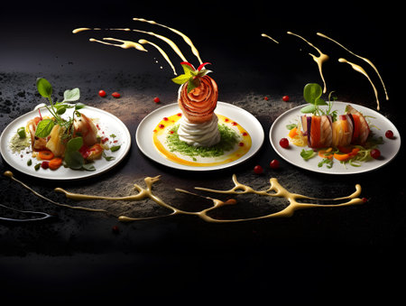 A set of gourmet appetizers on a black background with gold elementsの素材