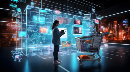 Woman using tablet pc against composite image of 3d render of shopping cartの素材