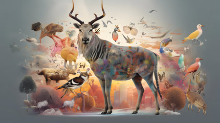 3d rendering of a wild deer with a flock of birds in the backgroundの素材