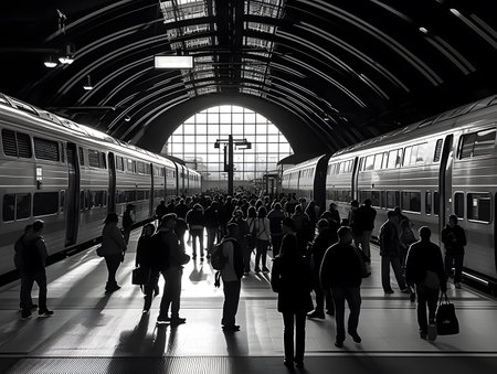 Train station with passengers in motion at night. Black and white.の素材