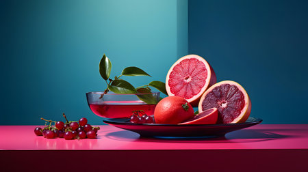 Still life with grapefruit and red currant on a blue backgroundの素材