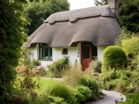 House with thatched roof in the garden of the country house.の素材