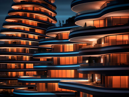 Modern architecture in the city at night. 3d rendering. Computer digital drawing.の素材