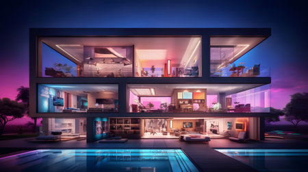 Modern house with swimming pool at night. Mixed media. Mixed mediaの素材