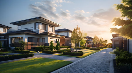 Sunset in the garden of a modern house. 3d renderingの素材