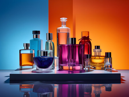 Bottles of perfume on a blue and orange background. 3d renderingの素材