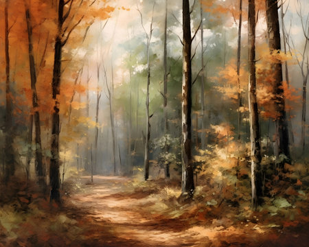 Autumn forest with fog. Digital painting in watercolor style.の素材