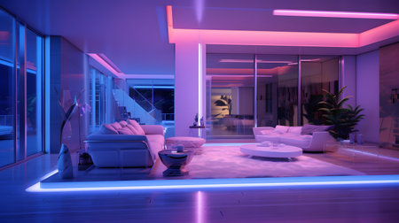 Modern living room interior design. 3D rendering. neon lights.の素材