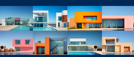 Collection of modern buildings in different colors. Real estate concept. Vector illustrationの素材