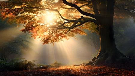 Autumn forest in the morning with sunbeams and lens flareの素材