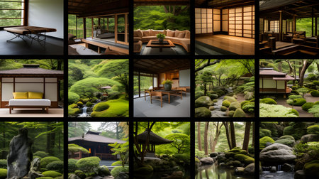 3d rendering. Collection of beautiful Japanese garden design with wooden furniture.の素材