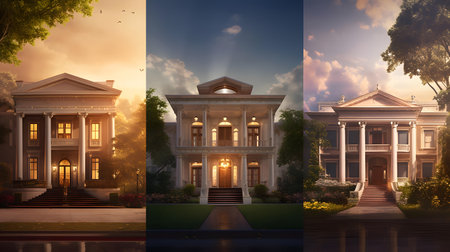 Collage of beautiful american architecture at sunset - 3D renderの素材