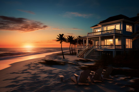 Beautiful sunset on the beach with palm trees and deck chairs.の素材