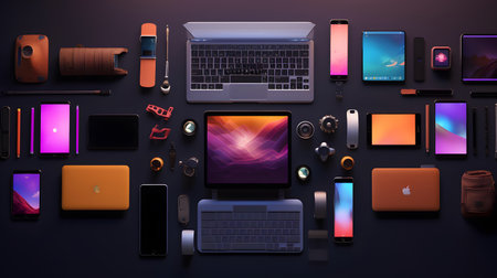 High angle view of various electronic gadgets on black background. 3D renderingの素材