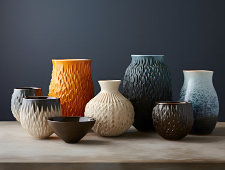 Colorful ceramic vases on a wooden table. 3d renderingの素材
