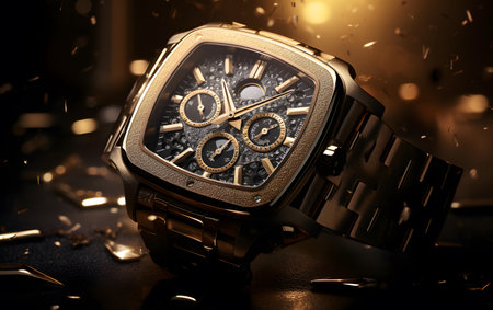 Wristwatch with gold dial on a dark background with confettiの素材