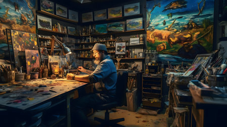 Artist working in his art studio. Art, creativity and craft concept.の素材